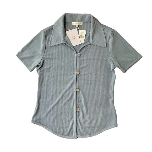 Wayf Naomi Short Sleeve Button Up Collared Top Shirt Blouse Small Blue *… - Picture 2 of 9